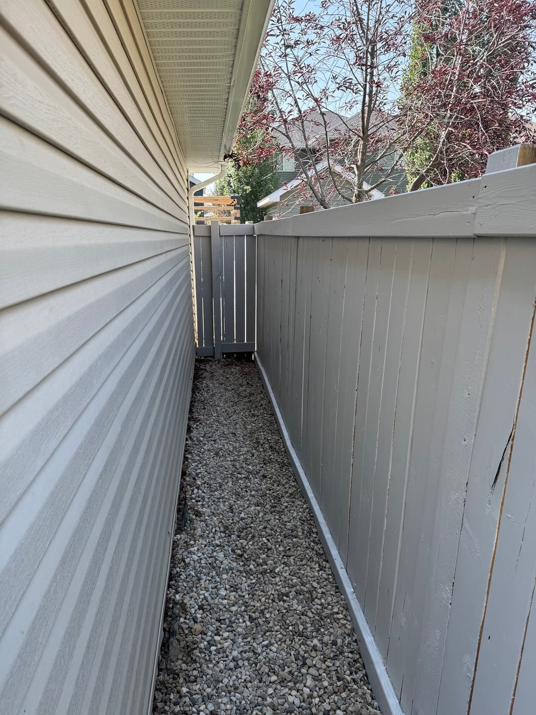 Side-yard refresh — siding and adjacent fence finished in coordinated tones. Both surfaces prepped to bare wood and sealed in the same week.